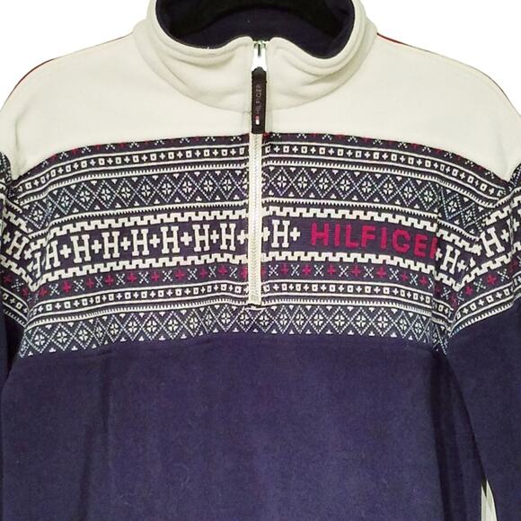 Tommy Hilfiger Spell out Blue Fair Isle 1/4 zip Fleece Sweater Men's Med - Picture 3 of 8
